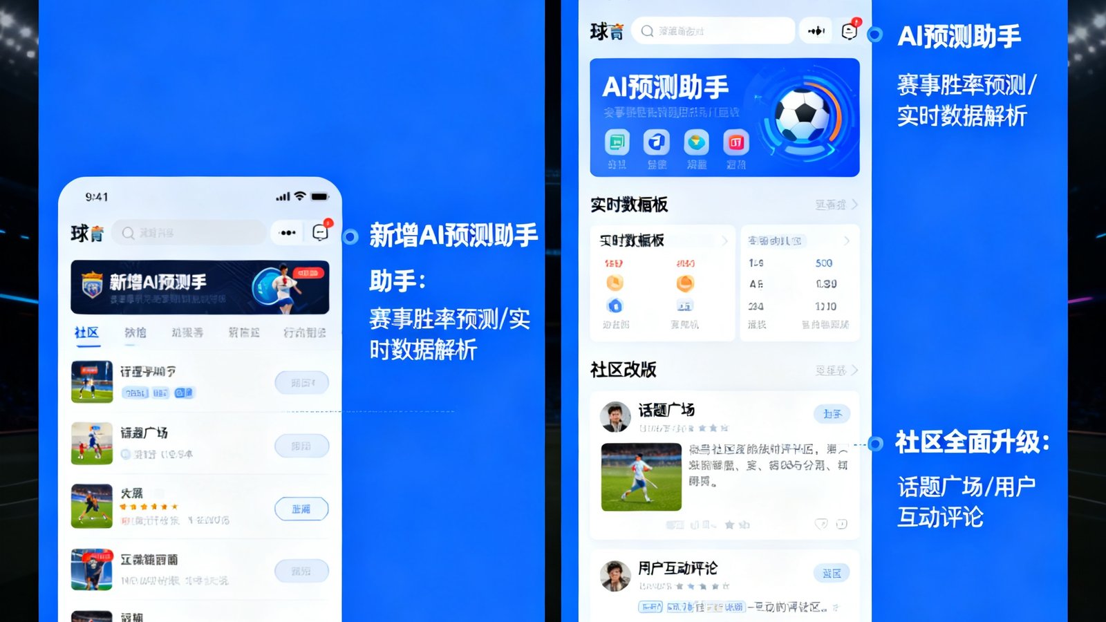 球速体育App 5.8版本更新功能介绍图，展示新版界面截图对比，突出AI预测助手和社区改版亮点