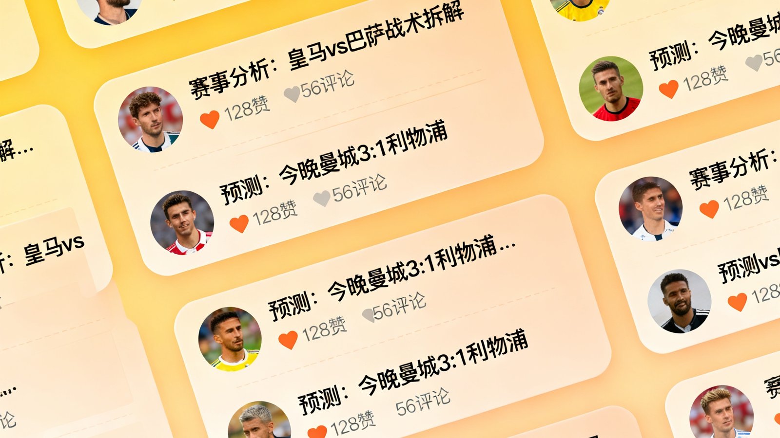 球速体育球迷社区信息流界面截图，展示多条用户发布的赛事分析帖子和预测话题，包含点赞数、评论数和用户头像，整体色调温暖友好，突出社区互动氛围